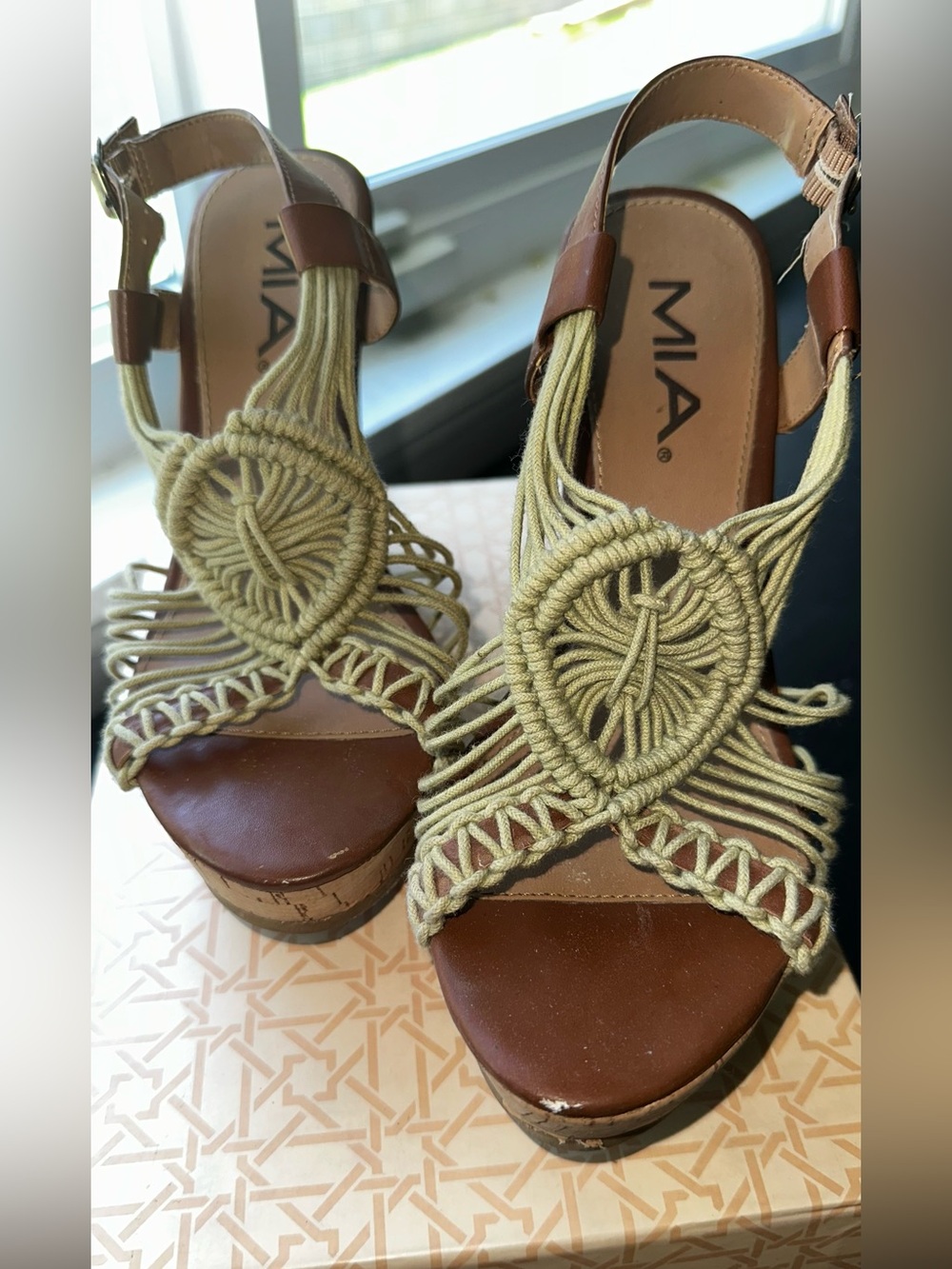 MIA Tan Leather Platform Sandals with Olive Green Macramé Details